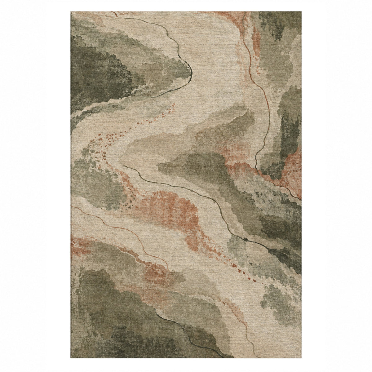 Tidal Traces Sage Clay Abstract Washable Rug — top view
