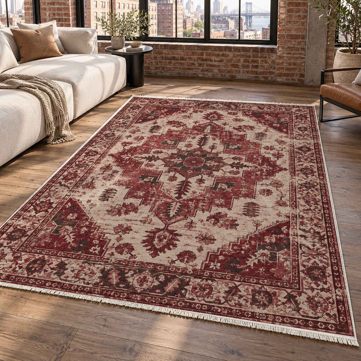 Timeworn Heriz Burgundy Red Vintage Washable Rug — new york living