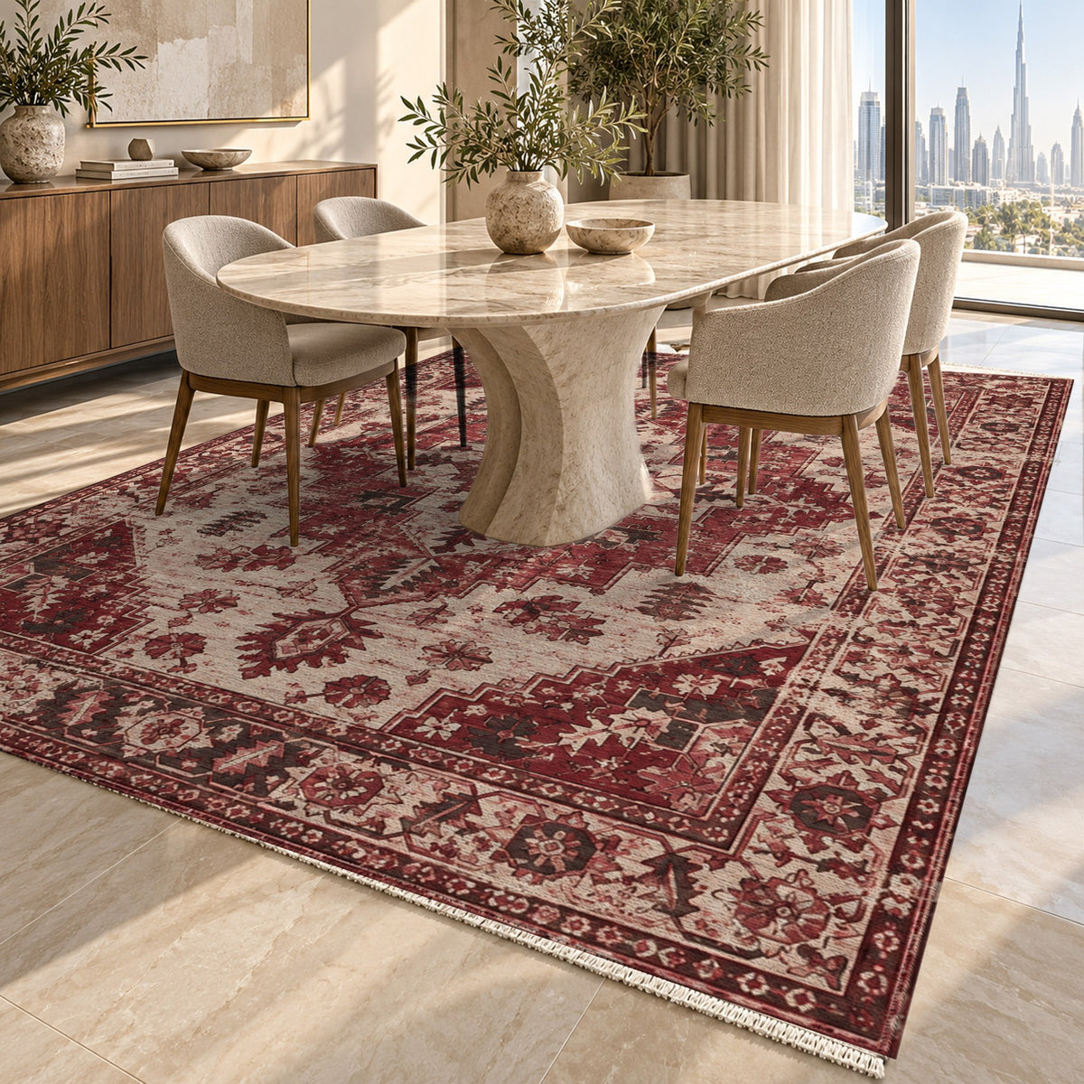 Timeworn Heriz Burgundy Red Vintage Washable Rug — dubai dining