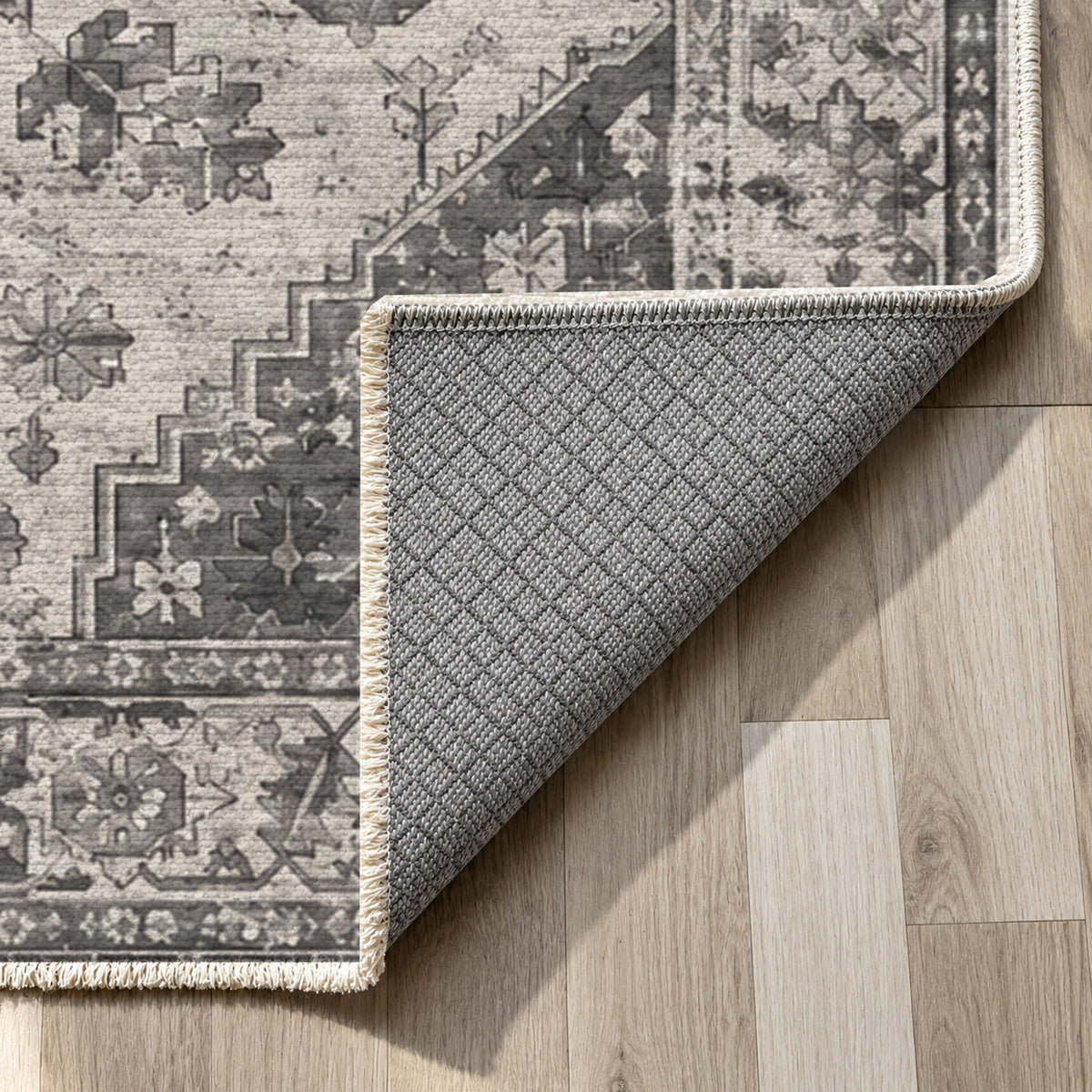 Timeworn Heriz Charcoal Silver Vintage Washable Rug — backing close up