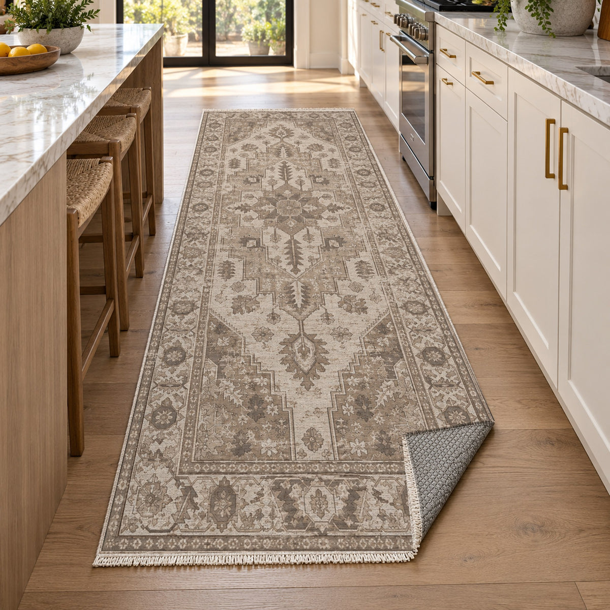 Timeworn Heriz Ivory Taupe Vintage Washable Rug — new york kitchen runner