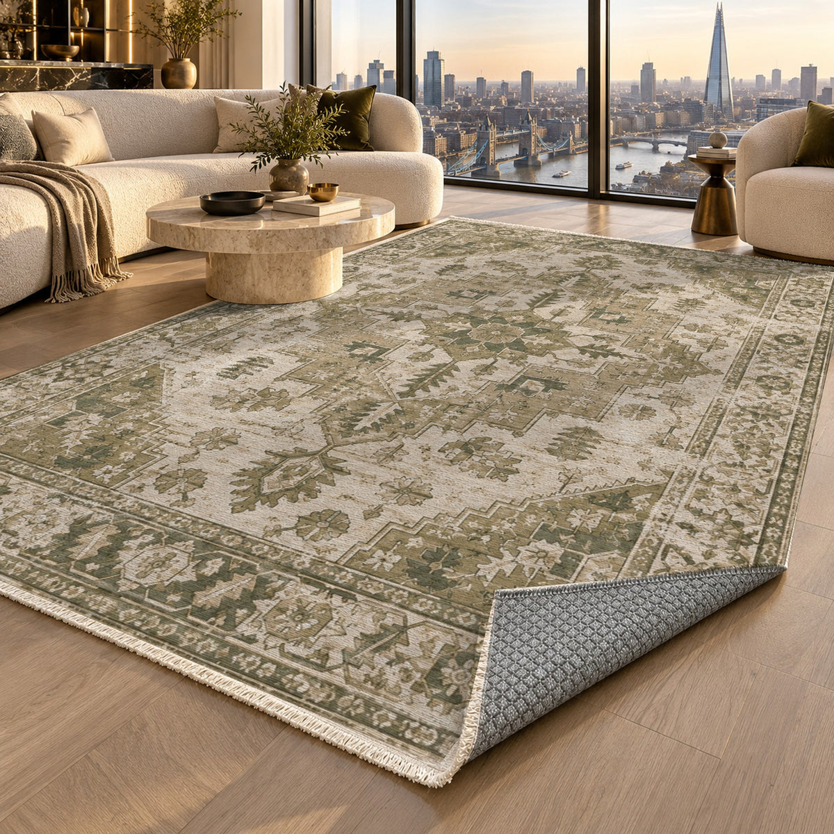 Timeworn Heriz Olive Green Vintage Washable Rug — london luxury living