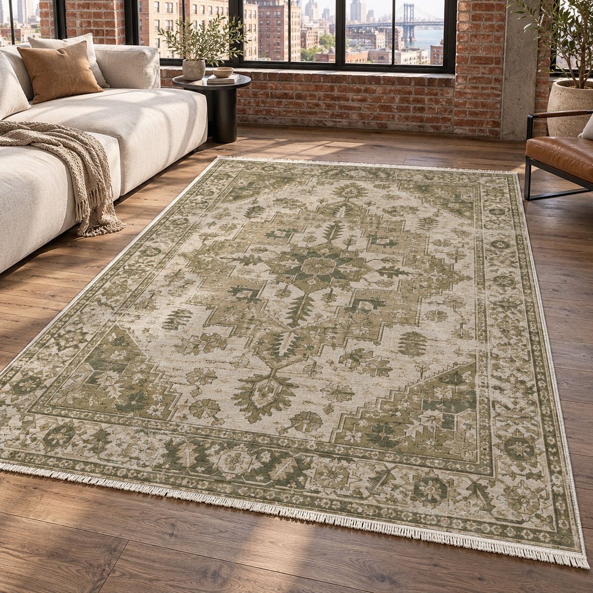 Timeworn Heriz Olive Green Vintage Washable Rug — new york living