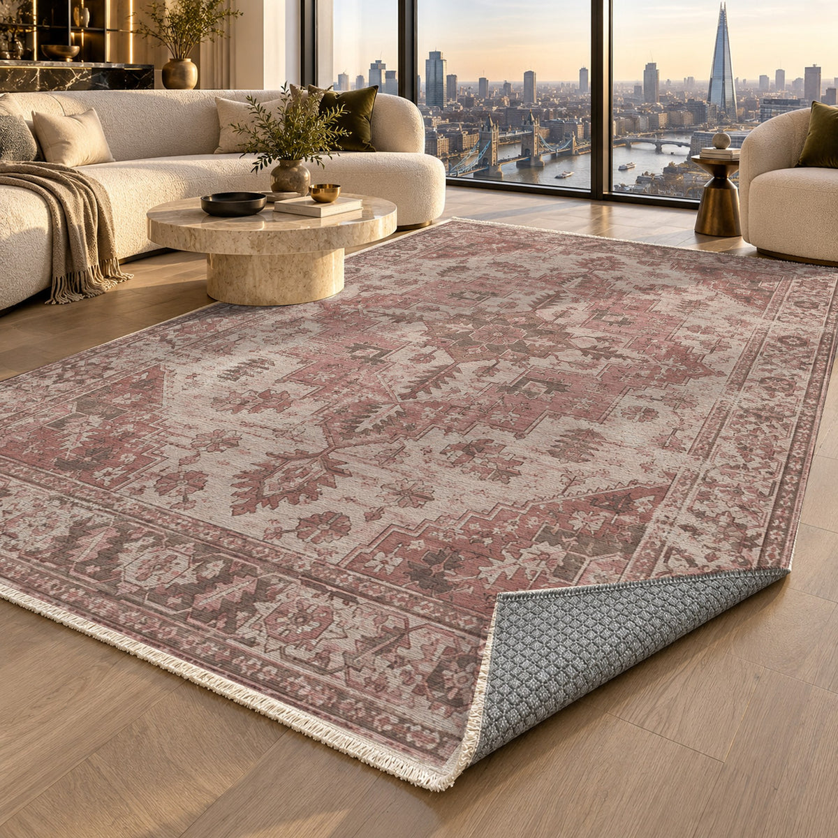 Timeworn Heriz Rose Pink Vintage Washable Rug — london luxury living