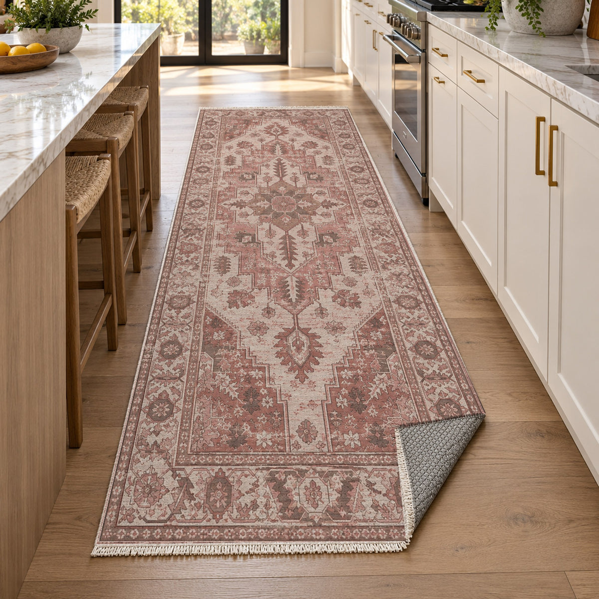 Timeworn Heriz Rose Pink Vintage Washable Rug — new york kitchen runner