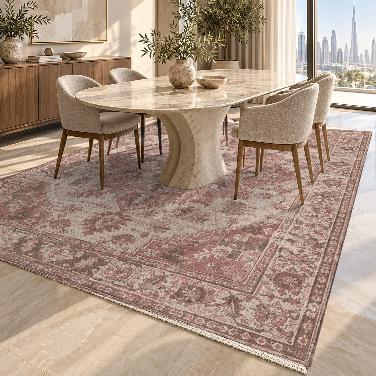 Timeworn Heriz Rose Pink Vintage Washable Rug — dubai dining