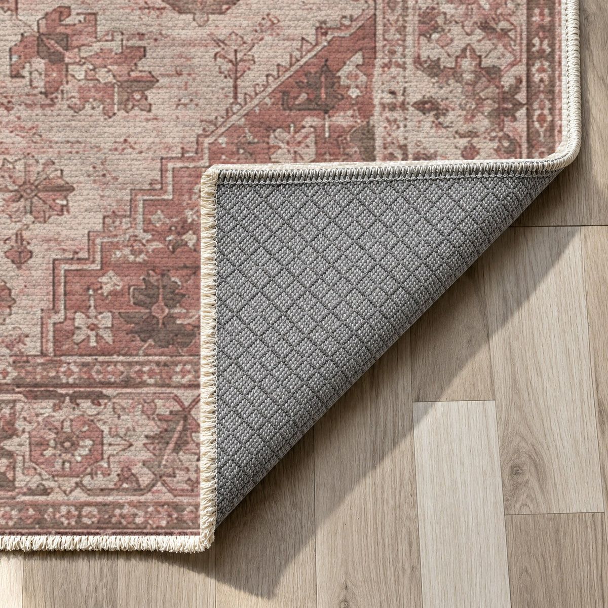Timeworn Heriz Rose Pink Vintage Washable Rug — backing close up