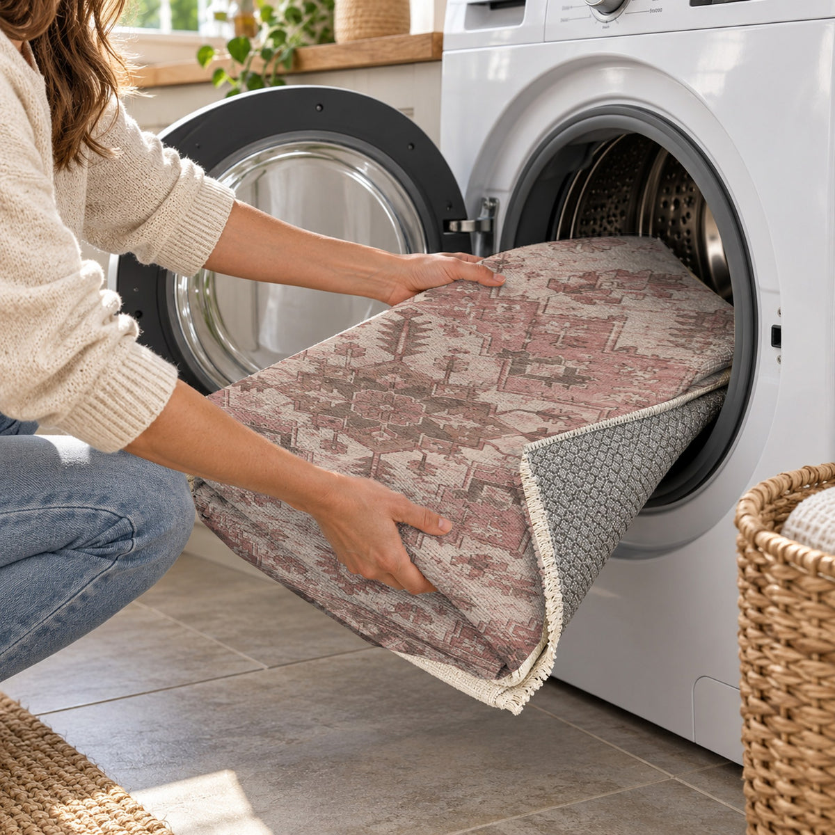 Timeworn Heriz Rose Pink Vintage Washable Rug — washing machine