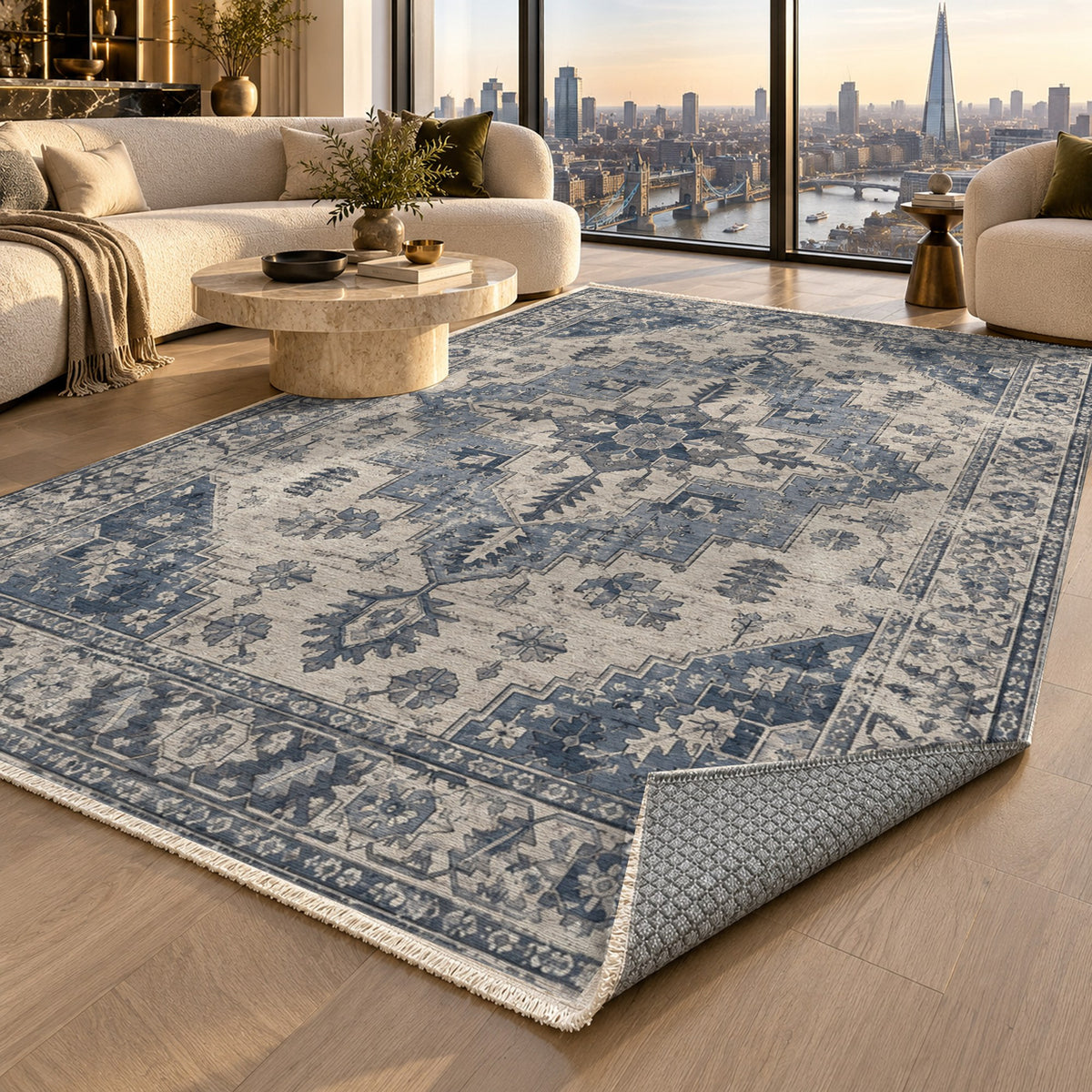 Timeworn Heriz Slate Blue Vintage Washable Rug — london luxury living