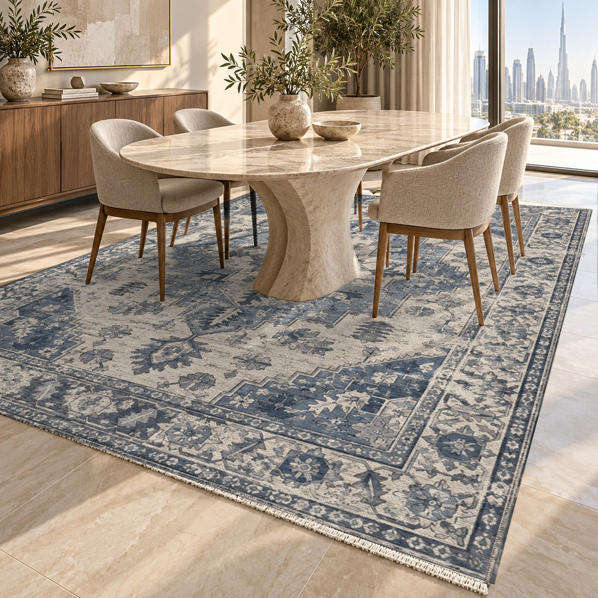Timeworn Heriz Slate Blue Vintage Washable Rug — dubai dining