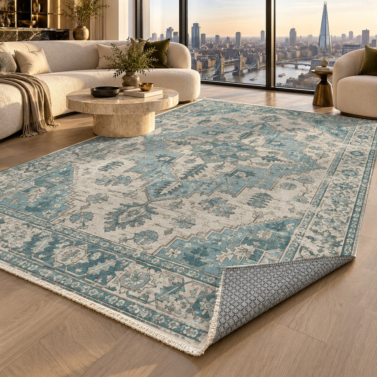 Timeworn Heriz Turquoise Blue Vintage Washable Rug — london luxury living