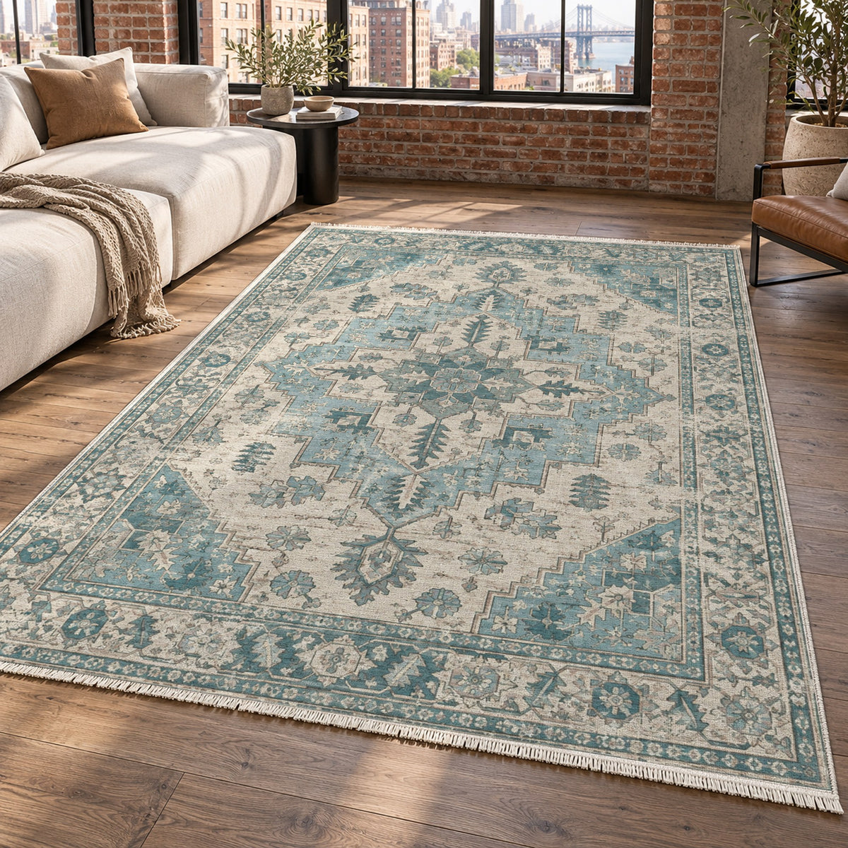 Timeworn Heriz Turquoise Blue Vintage Washable Rug — new york living