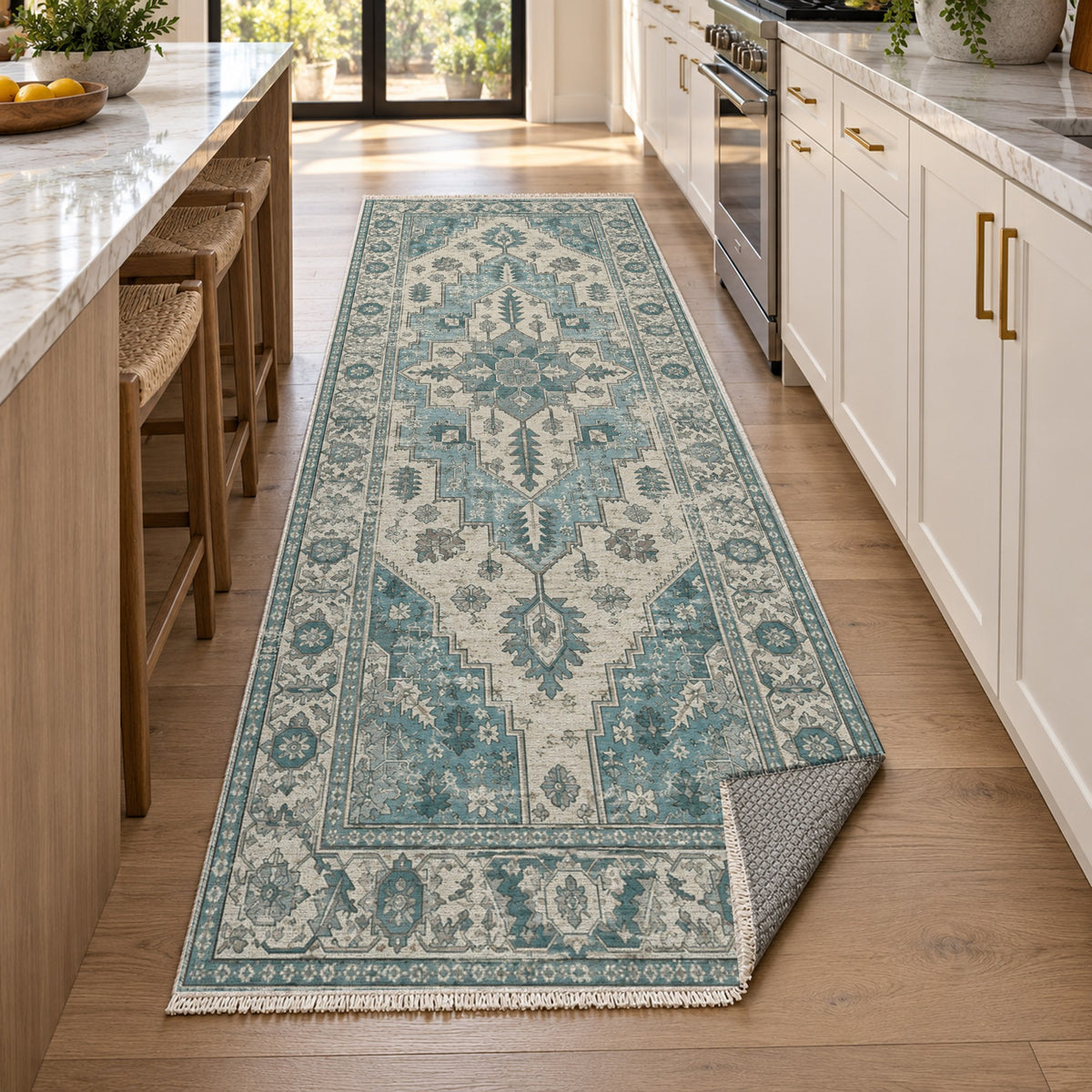 Timeworn Heriz Turquoise Blue Vintage Washable Rug — new york kitchen runner