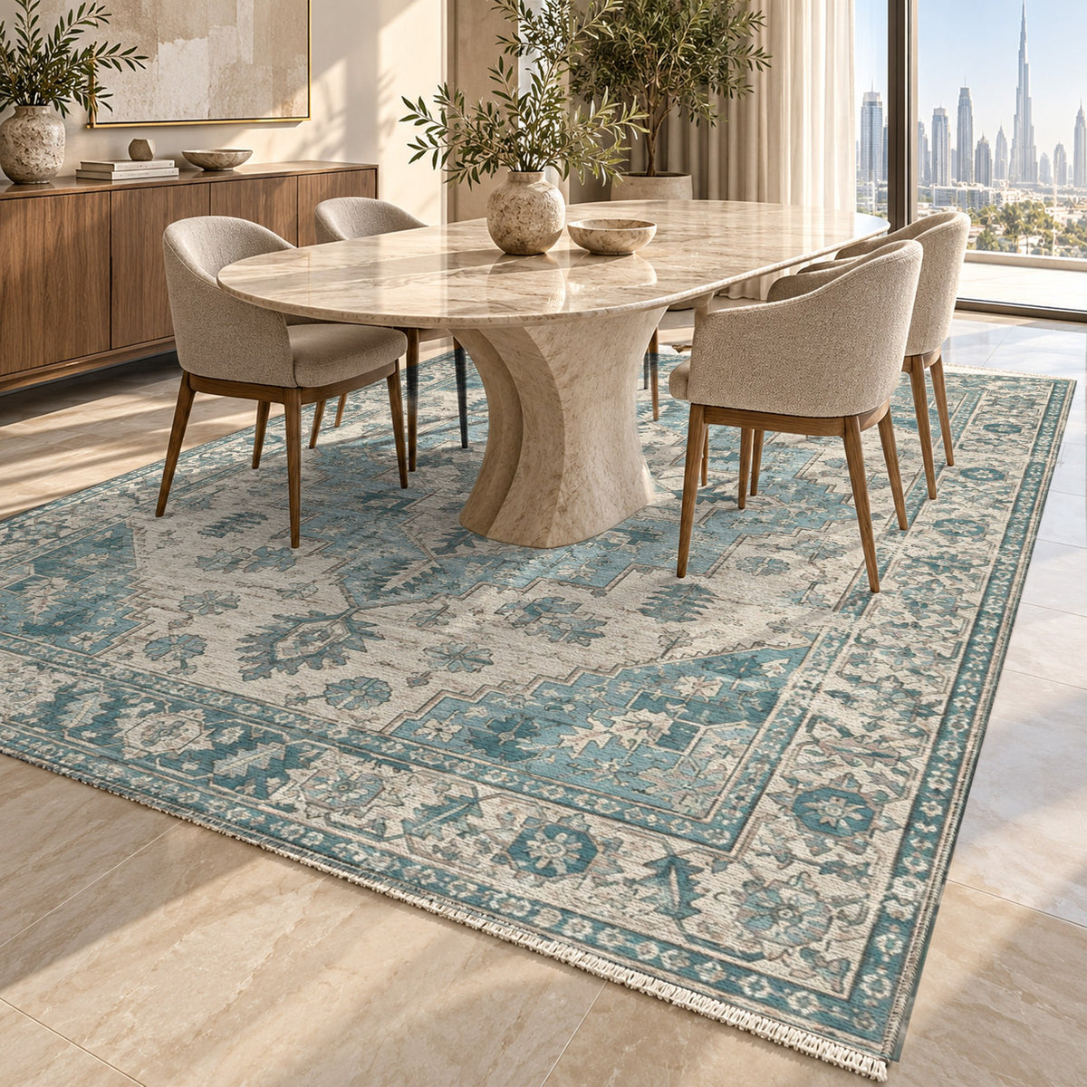 Timeworn Heriz Turquoise Blue Vintage Washable Rug — dubai dining