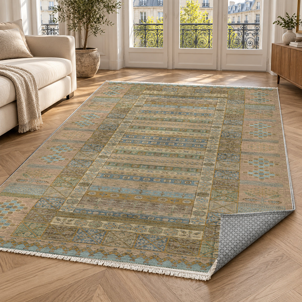 Tribal Stripe Beige Ethnic Washable Rug — paris living