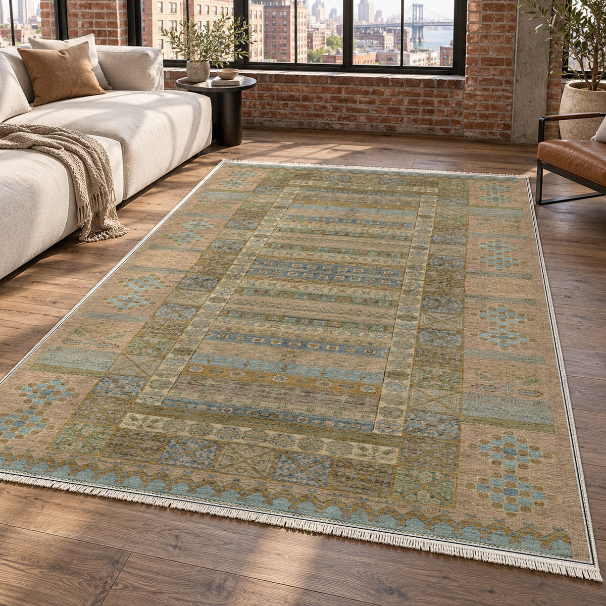 Tribal Stripe Beige Ethnic Washable Rug — new york living