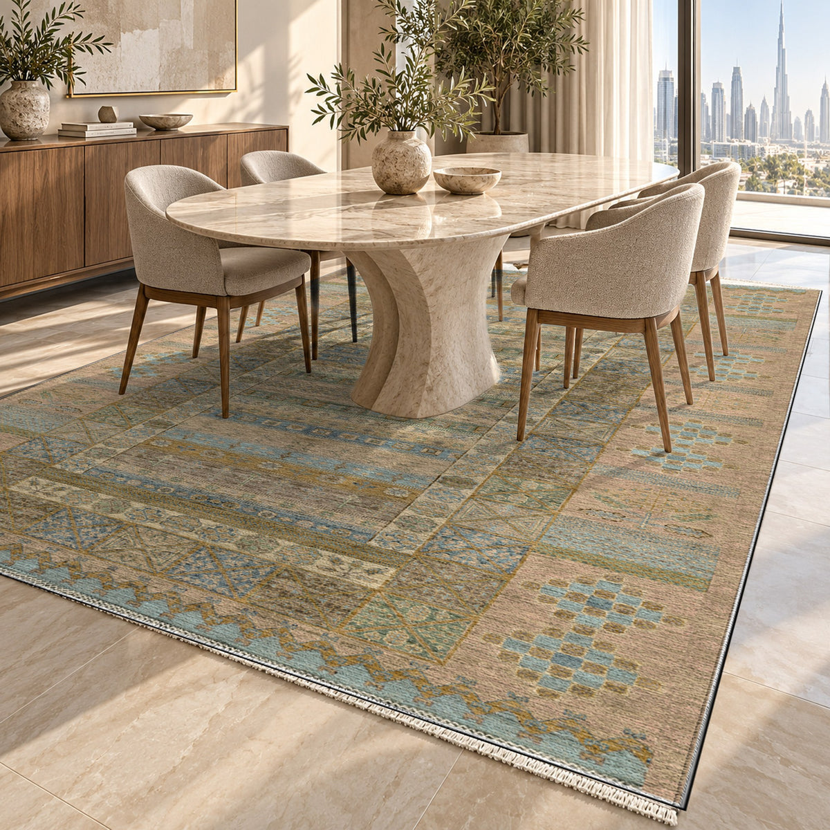 Tribal Stripe Beige Ethnic Washable Rug — dubai dining