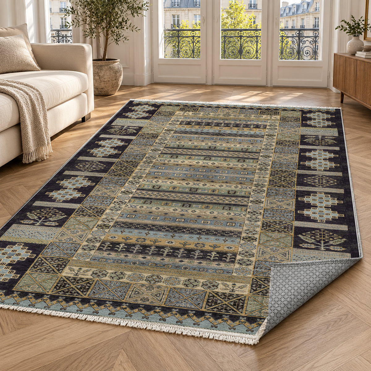 Tribal Stripe Black Ethnic Washable Rug — paris living