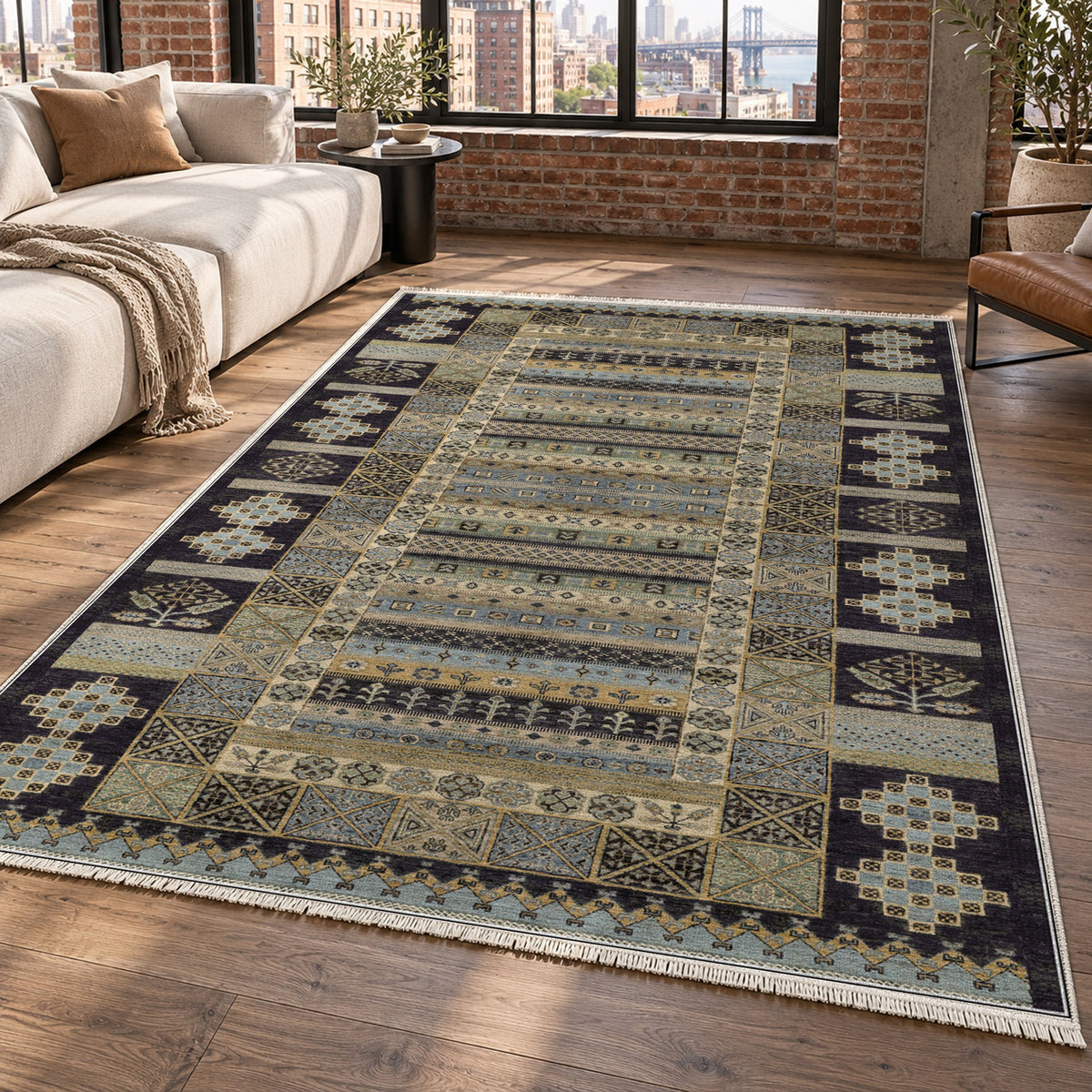 Tribal Stripe Black Ethnic Washable Rug — new york living