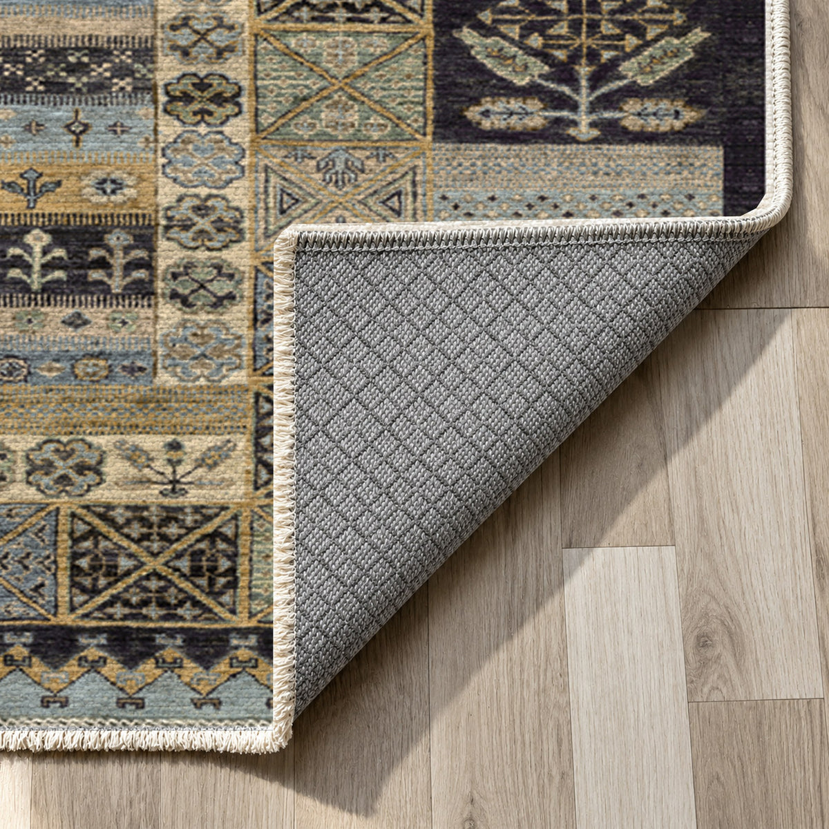Tribal Stripe Black Ethnic Washable Rug — backing close up