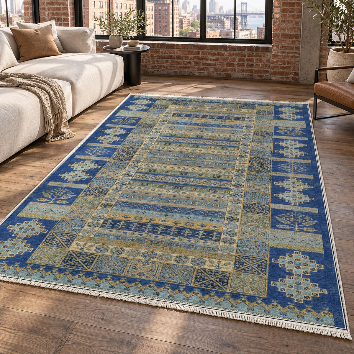 Tribal Stripe Blue Ethnic Washable Rug — new york living