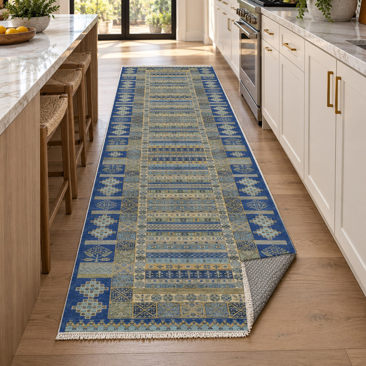 Tribal Stripe Blue Ethnic Washable Rug — new york kitchen runner