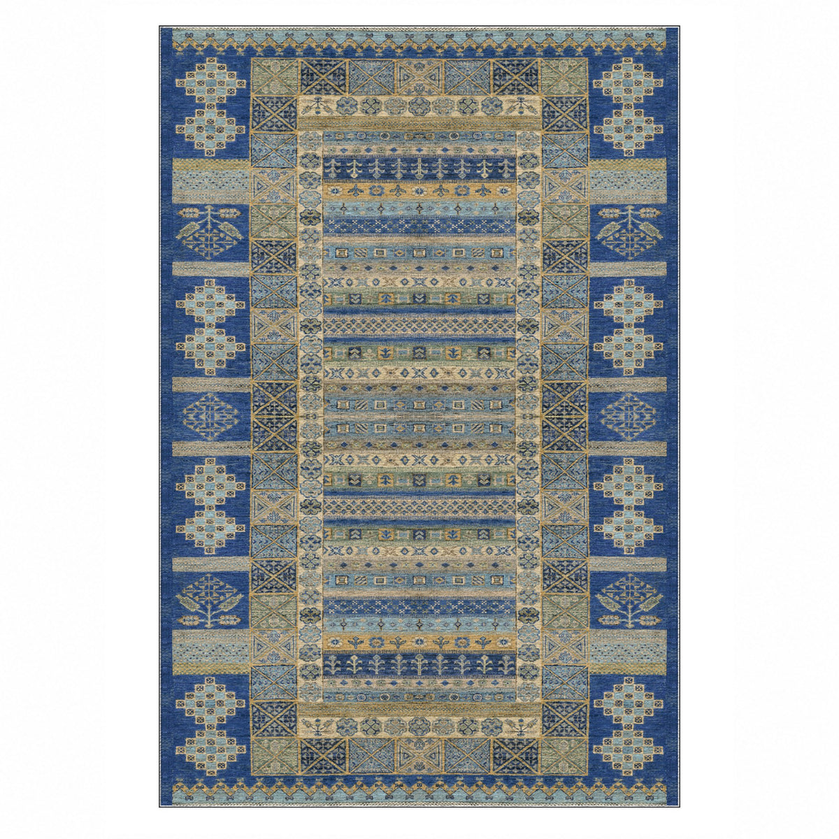 Tribal Stripe Blue Ethnic Washable Rug — top view
