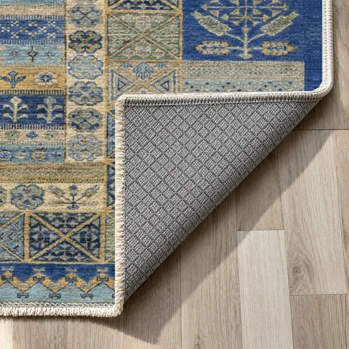 Tribal Stripe Blue Ethnic Washable Rug — backing close up