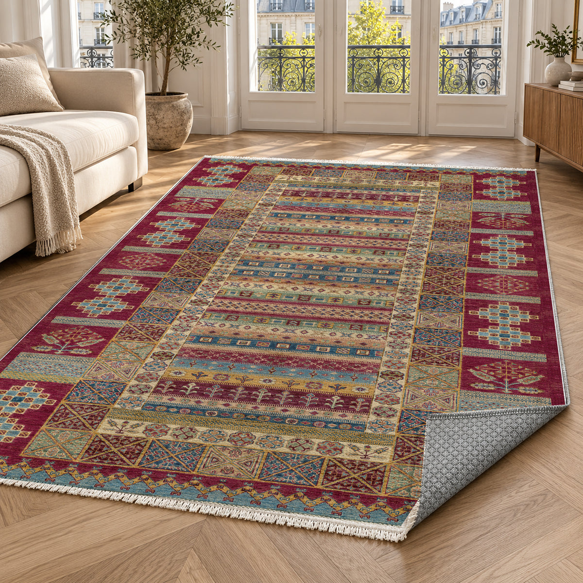 Tribal Stripe Burgundy Red Ethnic Washable Rug — paris living