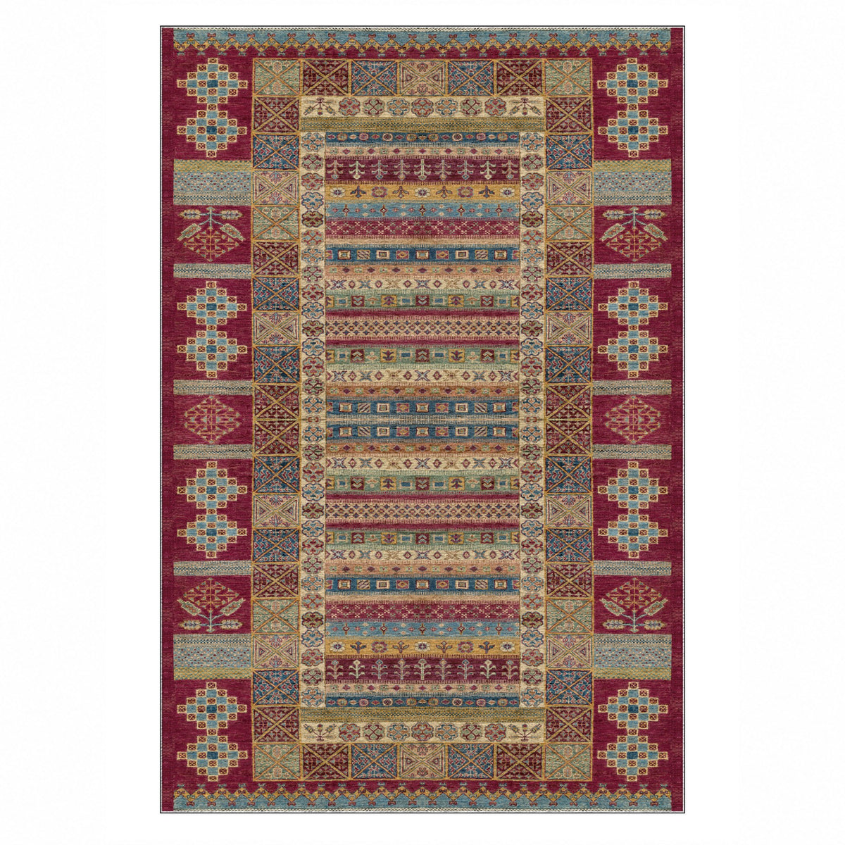 Tribal Stripe Burgundy Red Ethnic Washable Rug — top view