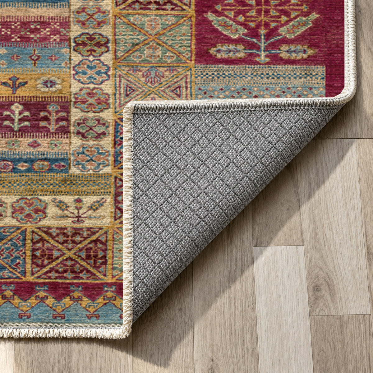 Tribal Stripe Burgundy Red Ethnic Washable Rug — backing close up