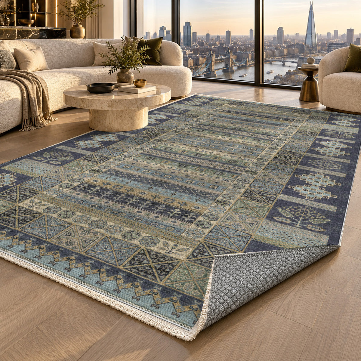 Tribal Stripe Charcoal Ethnic Washable Rug — london luxury living