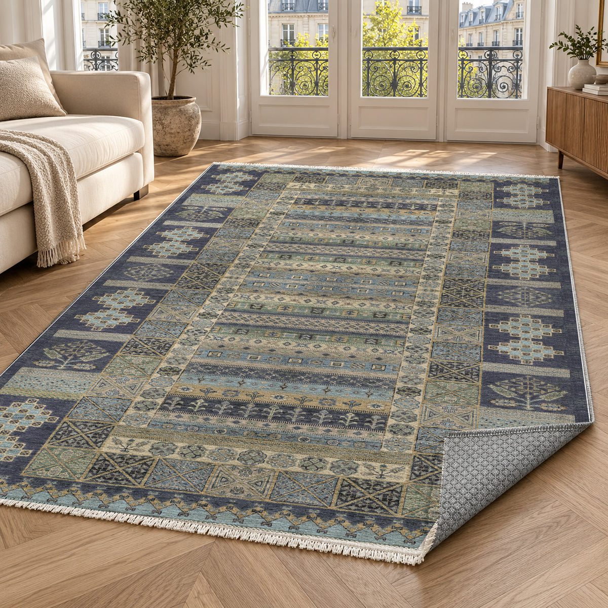 Tribal Stripe Charcoal Ethnic Washable Rug — paris living