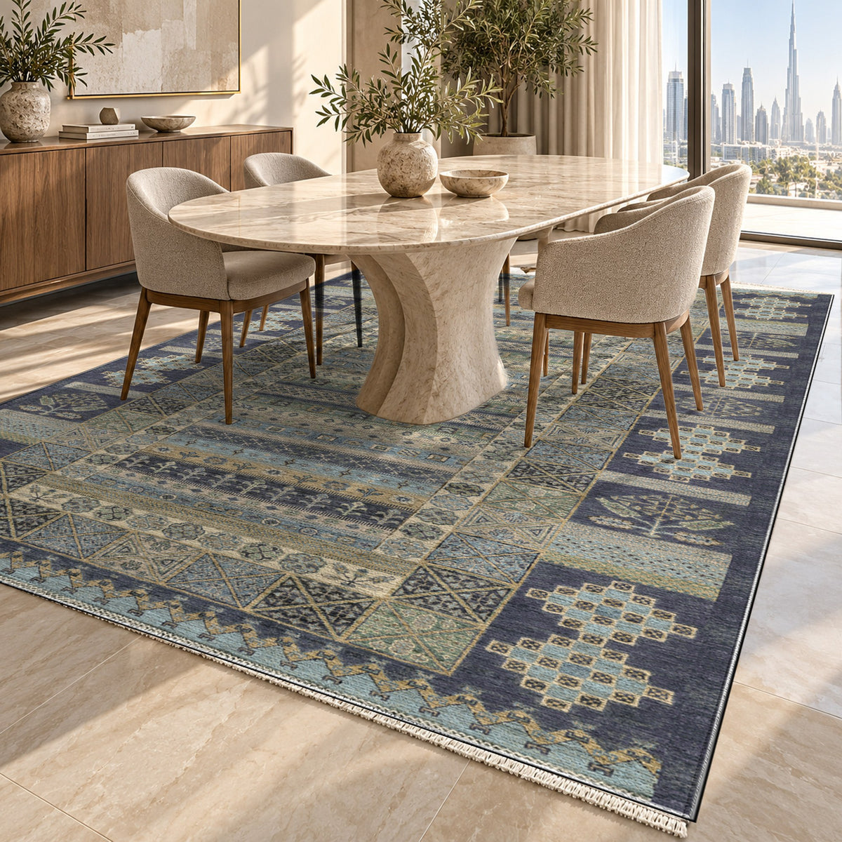 Tribal Stripe Charcoal Ethnic Washable Rug — dubai dining