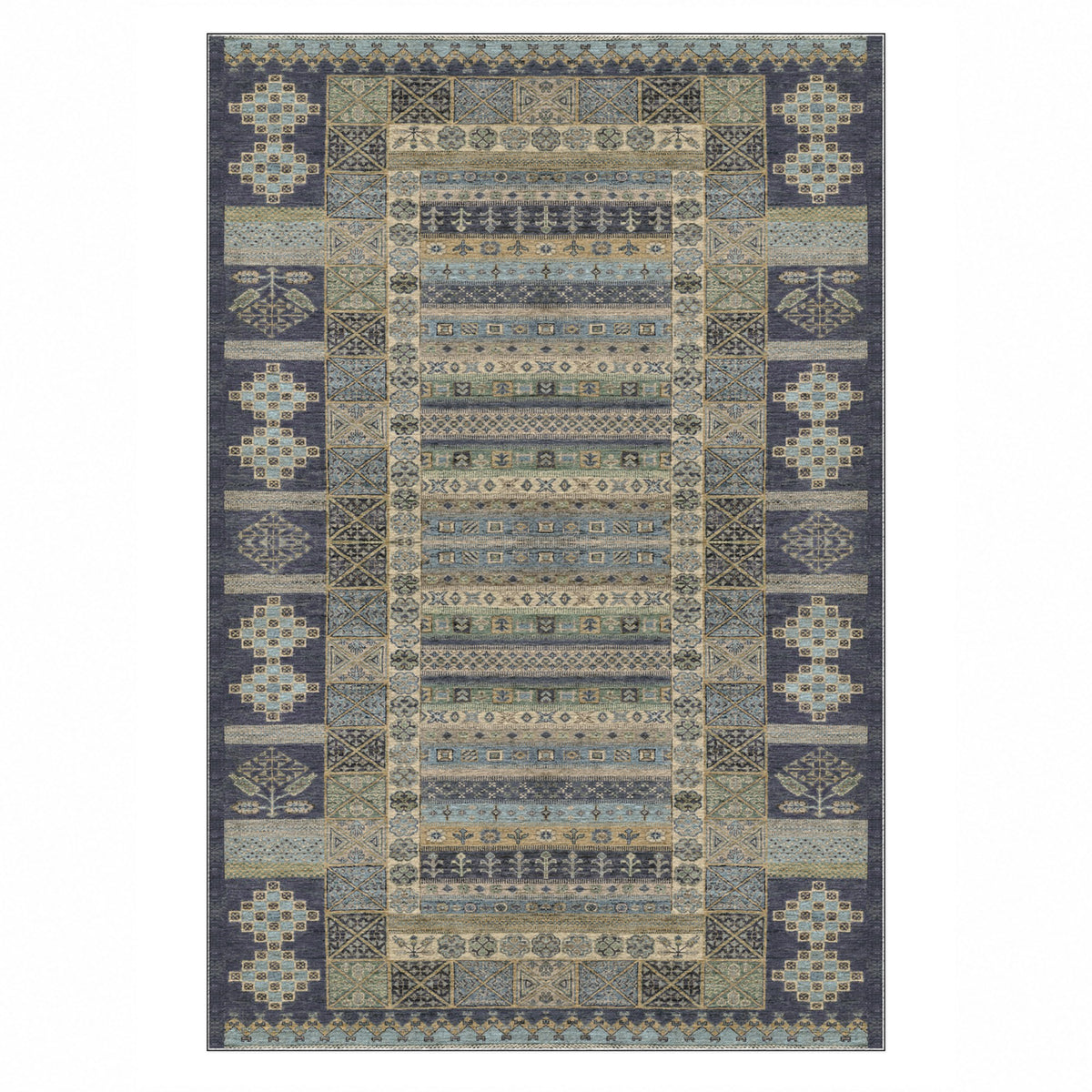 Tribal Stripe Charcoal Ethnic Washable Rug — top view