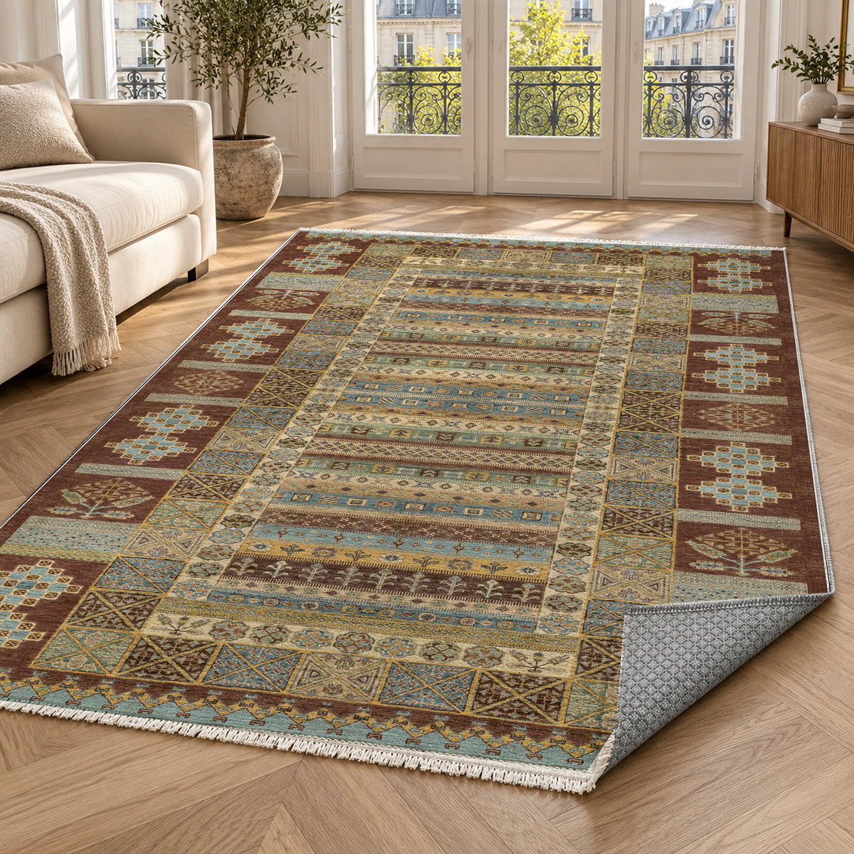 Tribal Stripe Chocolate Ethnic Washable Rug — paris living