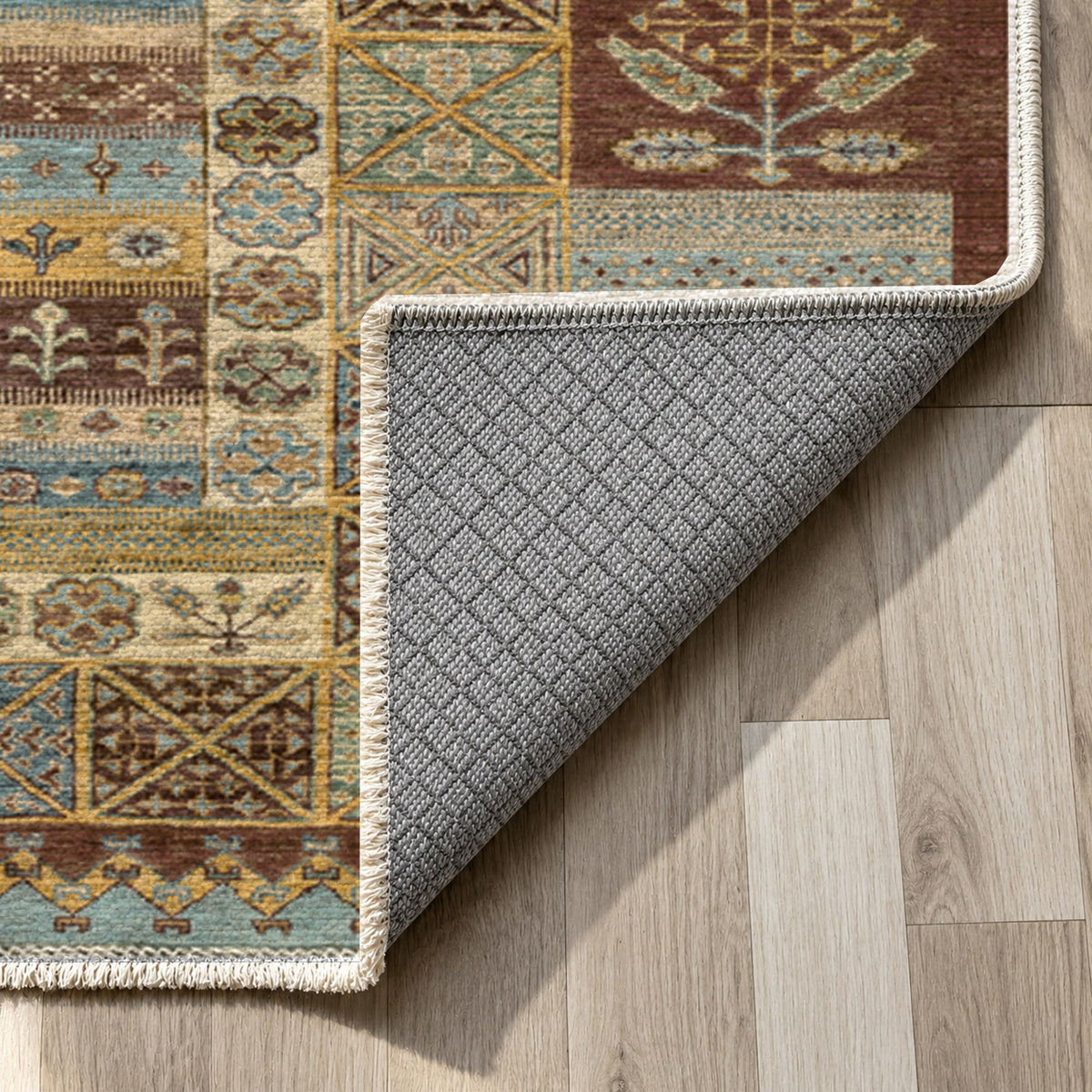 Tribal Stripe Chocolate Ethnic Washable Rug — backing close up