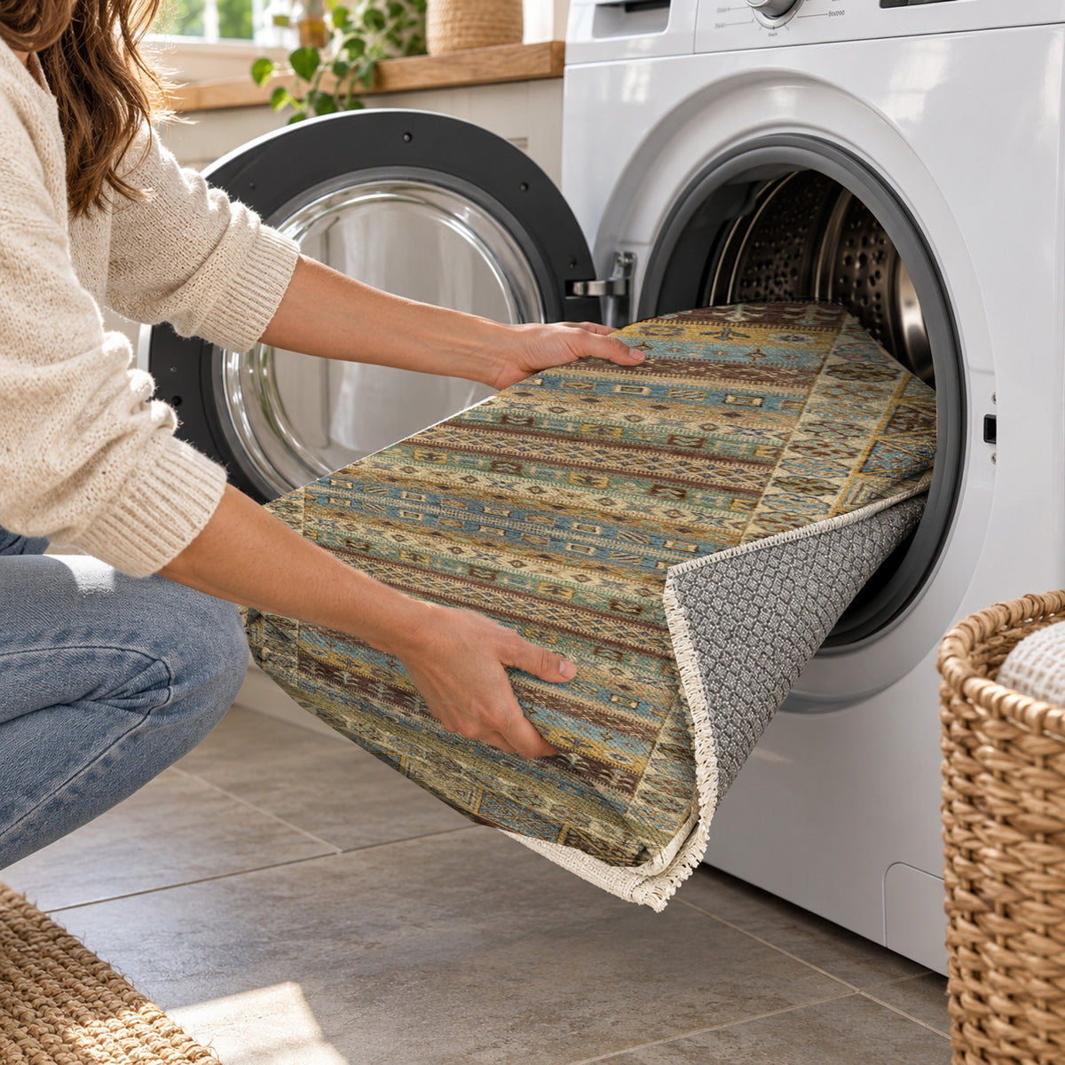 Tribal Stripe Chocolate Ethnic Washable Rug — washing machine