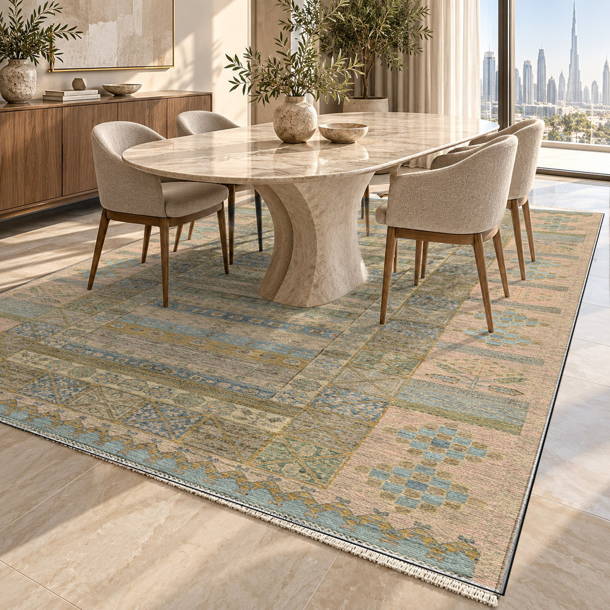 Tribal Stripe Cream Ethnic Washable Rug — dubai dining