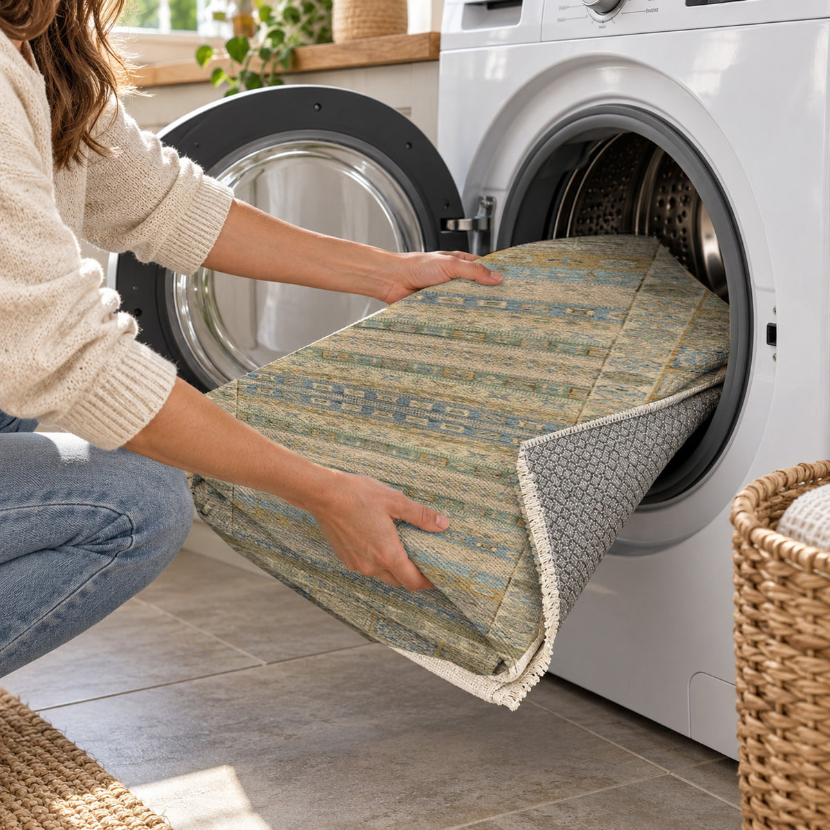 Tribal Stripe Cream Ethnic Washable Rug — washing machine