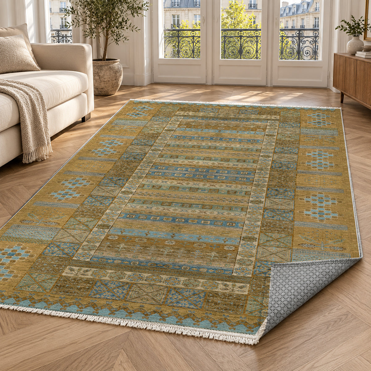 Tribal Stripe Muted Gold Ethnic Washable Rug — paris living