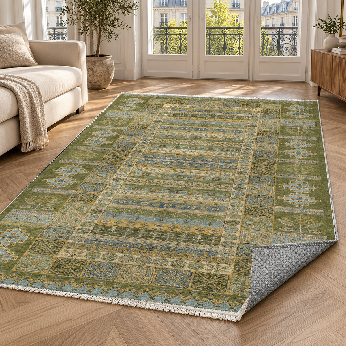 Tribal Stripe Olive Ethnic Washable Rug — paris living