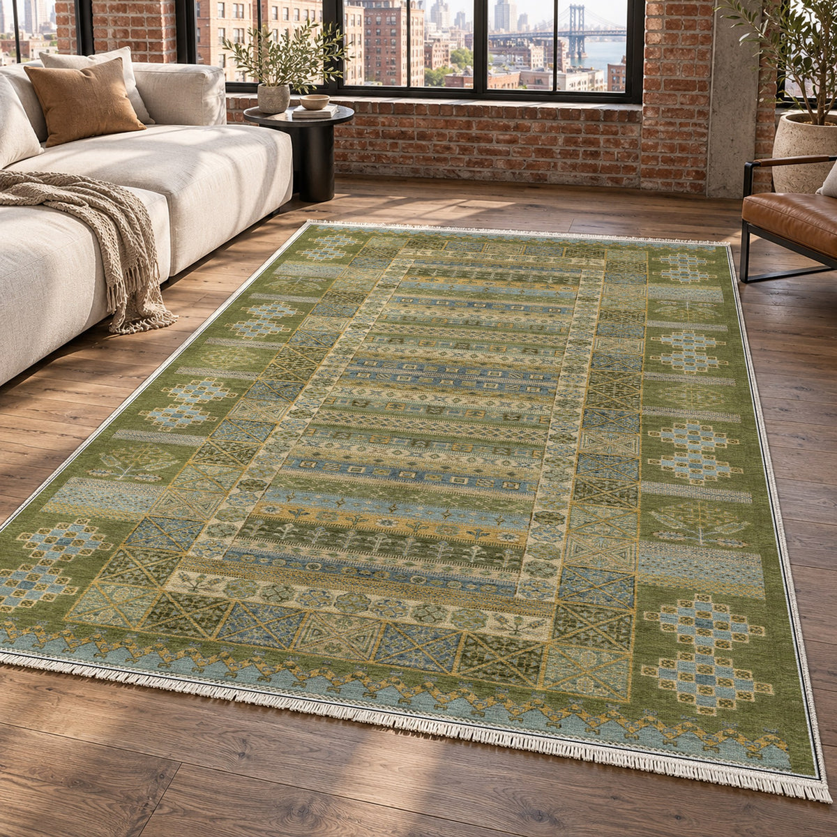 Tribal Stripe Olive Ethnic Washable Rug — new york living
