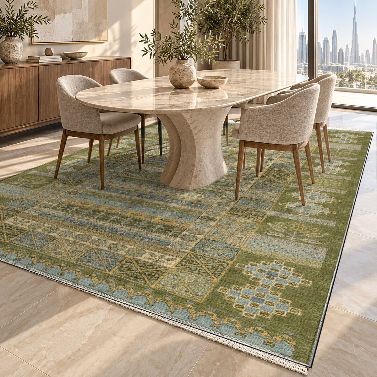 Tribal Stripe Olive Ethnic Washable Rug — dubai dining