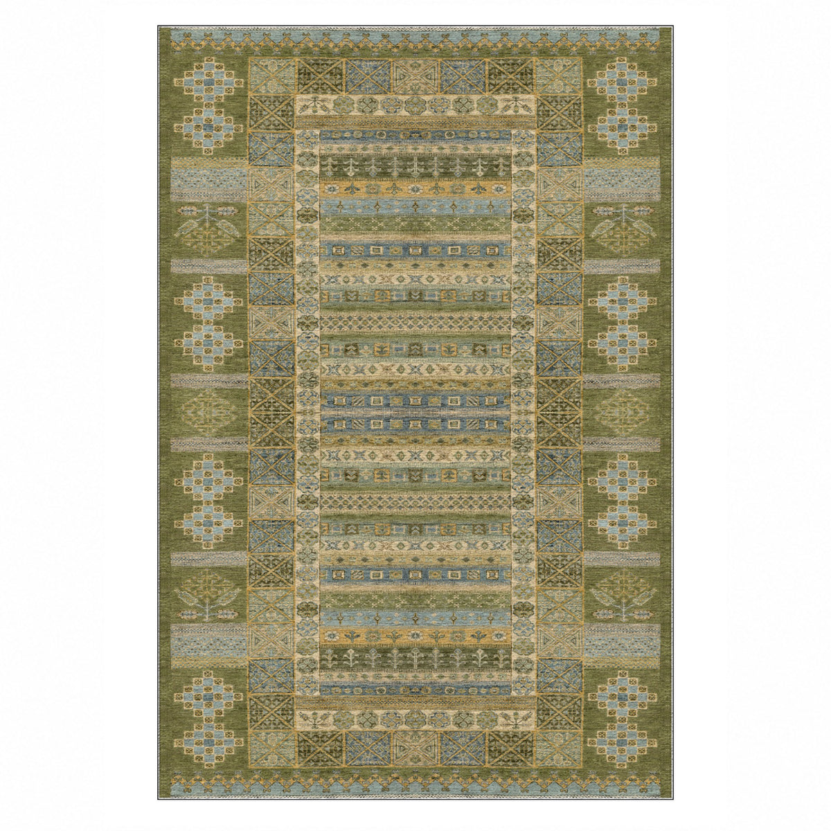 Tribal Stripe Olive Ethnic Washable Rug — top view