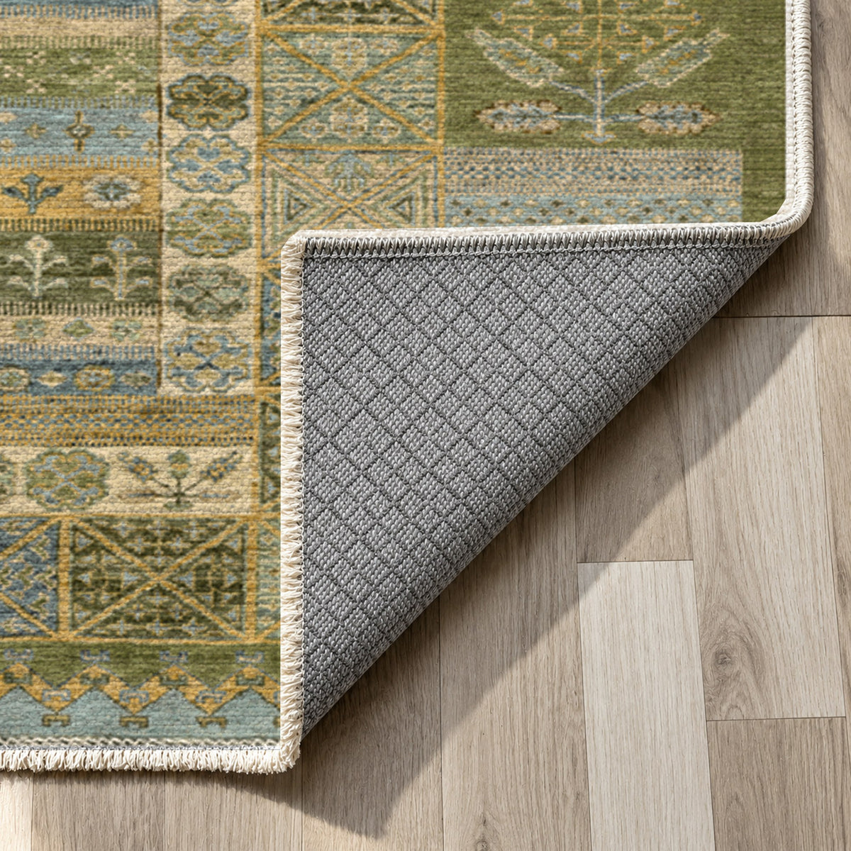 Tribal Stripe Olive Ethnic Washable Rug — backing close up