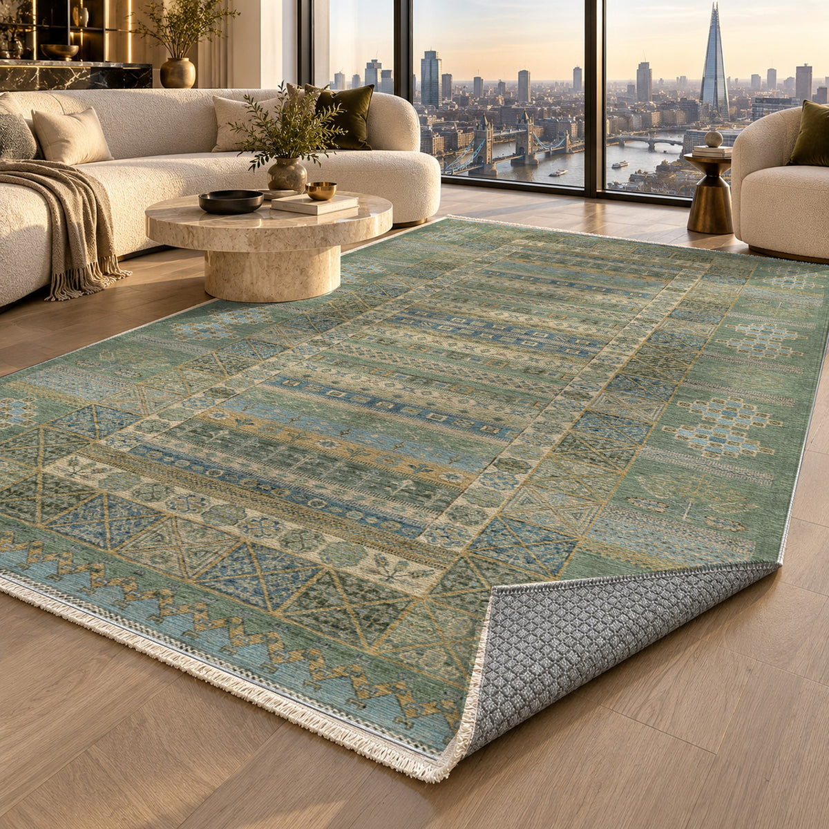 Tribal Stripe Sage Ethnic Washable Rug — london luxury living