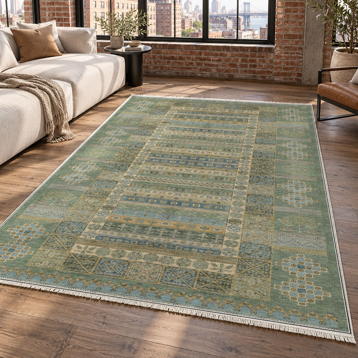 Tribal Stripe Sage Ethnic Washable Rug — new york living