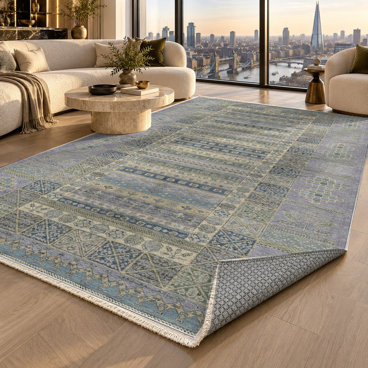 Tribal Stripe Silver Grey Ethnic Washable Rug — london luxury living