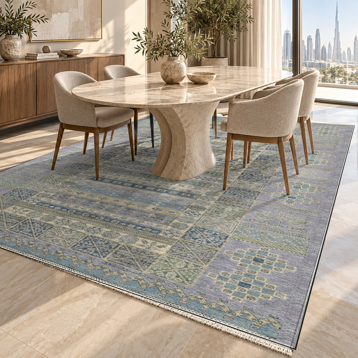 Tribal Stripe Silver Grey Ethnic Washable Rug — dubai dining